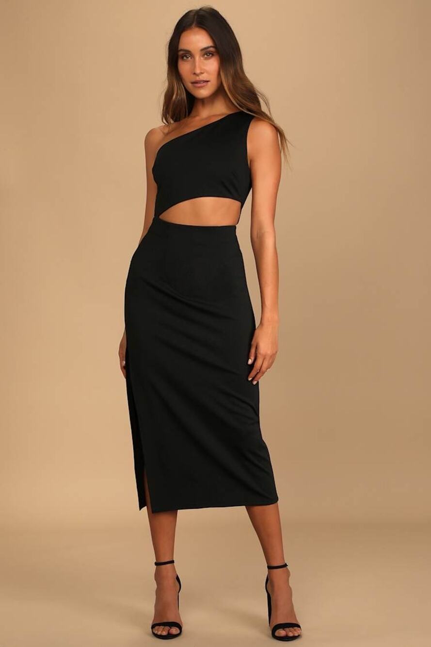 NWT Lulus Power to Wow Black One-Shoulder Cutout Midi Dress Party Night Out XS